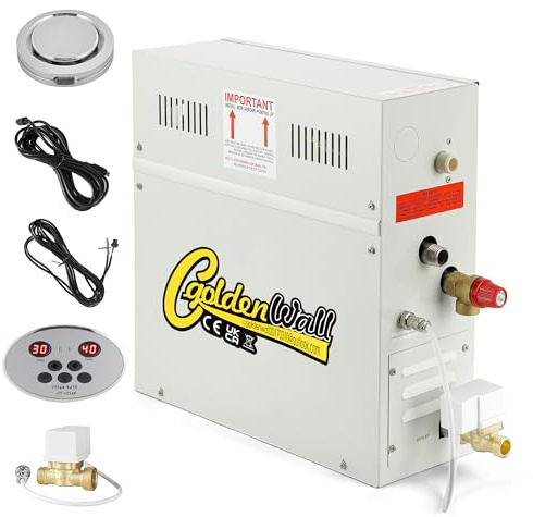 CGOLDENWALL 9KW Sauna Dampfgenerator Kit 220V Dushe Bade SPA Dampferzeuger für Haus, mit Automatischer Entwässerung, Digital-Controller 35-55°C Einstellbar | LED Digital Controller Automatisches Thermostat Selbstentleerungssystem Geeignet für Home Sauna/Dusche/Bad/SPA 220V