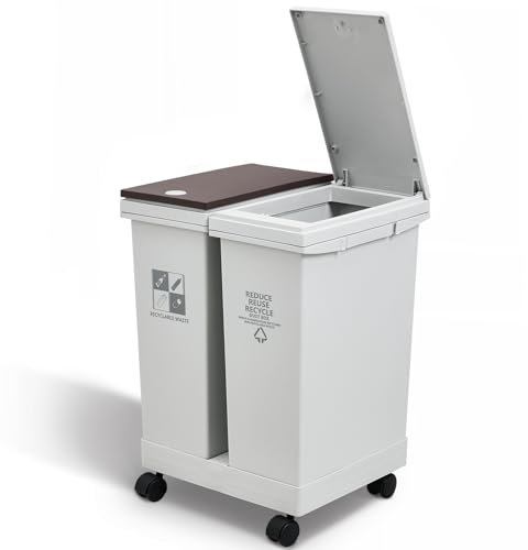 Warmiehomy 40L Dual Compartment Bin, Grey, Rectangular, Polypropylene, Wheeled, Trash Can, Recycling Bin, 38x34x52.5cm