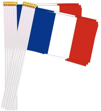 25 Packungen kleine Frankreich Flaggen auf Handheld Stick, Miniatur Französisch Flagge, 4x6 Zoll Mini Hand gehalten Banner mit goldenen Topper(France)