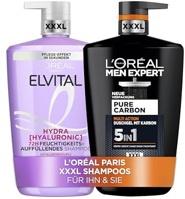 L'Oréal Paris XXXL Pflege-Set für Sie & Ihn: Men Expert Pure Carbon 5in1 Duschgel – Tiefenreinigung für Haut & Haare & Elvital Hydra Hyaluronic Shampoo – Feuchtigkeit, Glanz&Geschmeidigkeit, 2x1000 ml