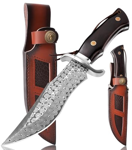 SPITZKANTE di caccia Lama fissa P-S-DMSG, lunghezza lama 16,3 cm Acciaio damassato Coltello cintura con custodia in pelle, manica in legno, coltello esterno per campeggio