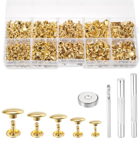 PATIKIL 340 Set Double Cap Leather Rivets Kit, 6mm-10mm Mixed Sizes Round Cap Tubular Metal Studs Leather Crafting Rivet for Fabric Belt Pet Collar Boot Bag Repair and Decoration,Gold