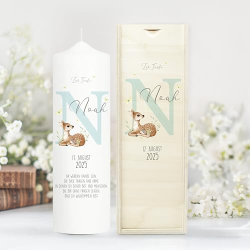Wandtattoo Loft Taufkerze Junge bedruckt personalisierter Buchstabe Reh Rehkitz Kerze zur Taufe Geburtstag Geschenk/Junge/Taufkerze 25 x 7 cm