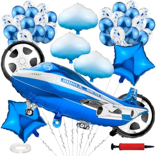ADNEWX Juego de 38 globos de avión, diseño de estrellas, nubes, globos de papel de aluminio, color azul, globos de cumpleaños infantiles con bomba de aire, para niños, aviones, temáticas, fiestas