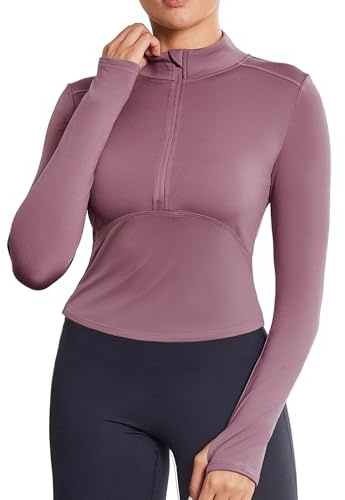 PINSPARK Sportskjorta dam, fleece, långärmad tröja med 1/4 dragkedja, termoundertröja, sport, t-shirt, slim fit, funktionell tröja, löpskjorta, träning, yogatoppar, gym, topp, lila, S