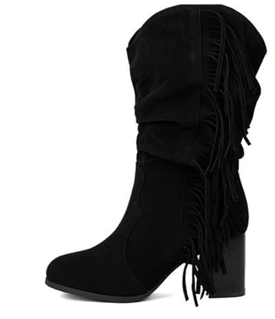 Generisch 2025 Botas de mujer de altura media pantorrilla botines de moda con detalle de flecos zapatos casuales cómodos tacón grueso para el día a día Zapatos de mujer mocasines, Negro , 36 EU