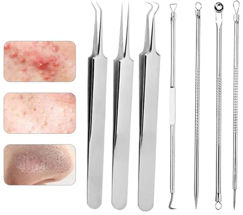 Estrattore - 7 Pezzi Strumento Estrazione Comedoni | Kit Estrattore Acciaio Inossidabile | Schiaccia Brufoli | Strumenti Bellezza Cura Pelle Con Aghi Cellule Pinzette Doppia