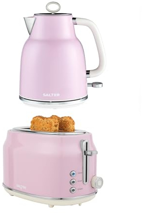 Salter Retro Pink Kettle & Toaster Set – 1.7L 3KW Rapid Boil Cordless Kettle with Boil Dry Protection & Auto Shut-Off, 815W 2-Slice Wide Slot Toaster with 6 Browning Levels & Defrost/Reheat/Cancel | Wide Slots, 6 Browning Levels, Defrost Reheat Cancel Functions, 360 Degree Base, Auto Shut Off, Boil Dry Protection