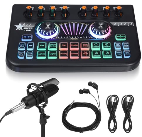 Sewroro Paquete Micrófono Mezclador Audio Portátil para Creadores Tarjeta Sonido y Cambiador Voz para Podcasting y Gaming