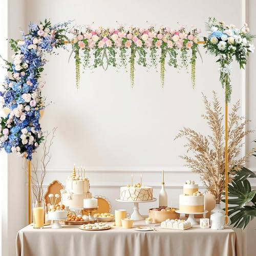 Qirvaten Over The Table Rod Stand with Clamps for Decorations, Adjustable 30-47'' Height 34-98 Length Table Balloon Arch Stand Hanging for Wedding Birthday Party Halloween Christmas(COLOR:Gold)