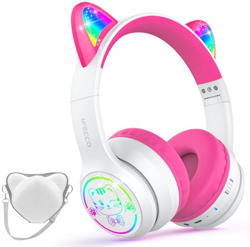 IFECCO Casque Audio Enfant avec Microphone,Casque d'écoute à Lumière LED pour Chat avec étui Casque Bluetooth sans Fil Enfant pour Ecole Tablette Téléphone