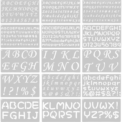 15 Pack Reusable Letter & Number Stencils, Alphabet Calligraphy Templates for Painting, Drawing, Scrapbooking, Journals and Craft Projects
