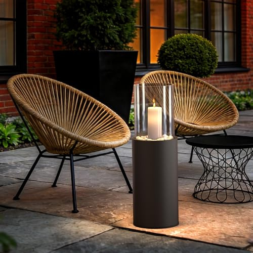 2 IN 1 Standkamin 81CM Windlicht säule Großer Windlichter Glas Kerzenständer Rund Feuersäule Outdoor Tischfeuer Indoor mit Dekosteinen und Regenschutz für Garten, Balkon, Wohnzimmer (Schwarz)