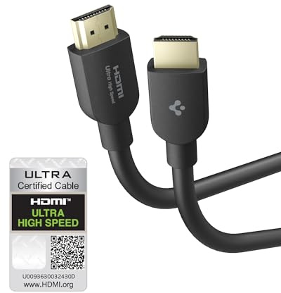 Spigen Essential Cable HDMI 2.1 2M, Certificado por HDMI Forum, Ultra HD Alta velocidad 48Gbps 8K@60Hz 4K@120Hz, HDR10 Dolby Atmos, eARC con conectores de oro 24K para TV, PS5, Xbox, Monitor - Negro