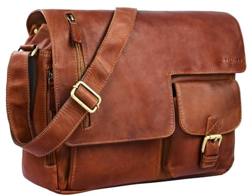 STILORD 'Mika' Ledertasche Vintage braun Herren Damen Uni Büro Arbeit große Umhängetasche Aktentasche für DIN A4 Aktenordner Laptoptasche 15.6 Zoll Echtleder, Farbe:cognac - braun
