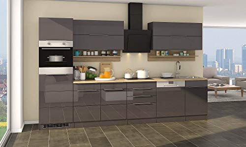 idealShopping GmbH Küchenblock Neapel 330 cm grau Hochglanz ohne Elektrogeräte
