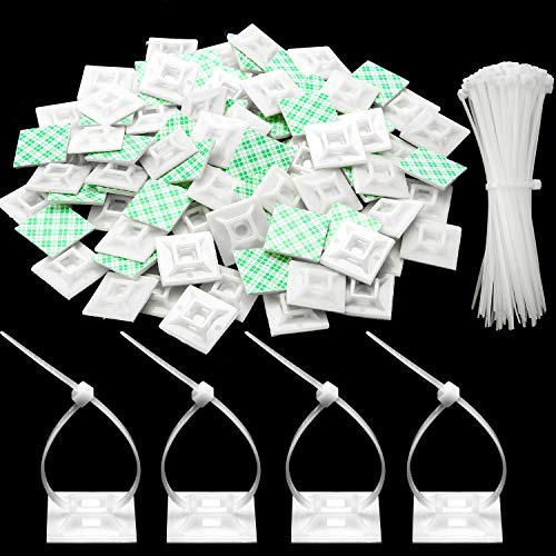 100 Packungen Kabelbinderhalter Selbstklebende Kabelbinderhalter mit Mehrzweckkabelbinder (Länge 200 mm, Breite 2,8 cm, Weiß)