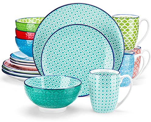 vancasso Service de table combiné en porcelaine - 16 pièces - Macaron - Avec 4 assiettes plates, 4 assiettes à dessert, bols à céréales et tasses à café pour 4 personnes