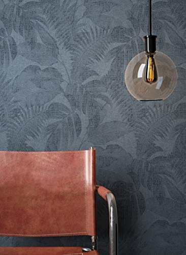 Newroom Vliestapete Blau Dschungel Palmen Modern Tapete Wohnzimmer | Botanisches Blattmuster tonauftonein, feine Leinenstruktur, changierender Effekt, ansatzfrei, Mustertapete Flur