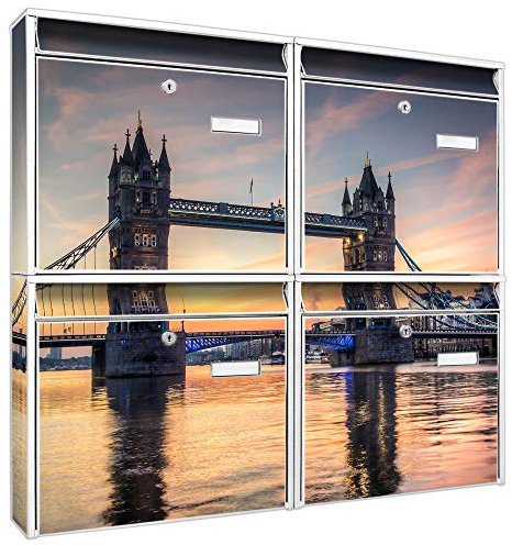 banjado Briefkastenanlage 4 Fach - Postkästen groß - verzinkter Stahl weiß DIN A4 Motiv Tower Bridge - Briefkasten Set 4 Briefkästen Namensschild, 2 Schlüssel, Montagematerial