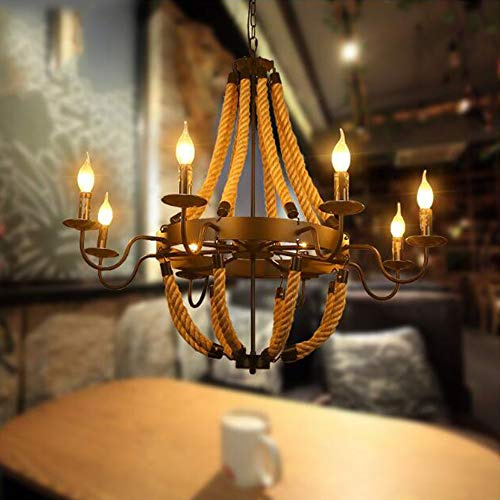 PANNN Lampadario in Corda Di Canapa Lampada A Sospensione Rustica E14 Plafoniera Vintage Corda Metallo Industriale Sala Da Pranzo Cucina Soggiorno Bar Cafe Lampadario A Sospensione,6 heads