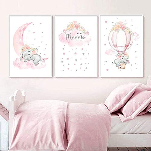 Youihom 3 Poster Personalisiert Name Baby Bilder Elefant Blumen Wolken Mond Sterne Heißluftballon Babyzimmer Mädchen Leinwand Rosa Grau Schlafzimmer Wanddeko Kinder Geschenk 30 x 40 cm ohne Rahmen