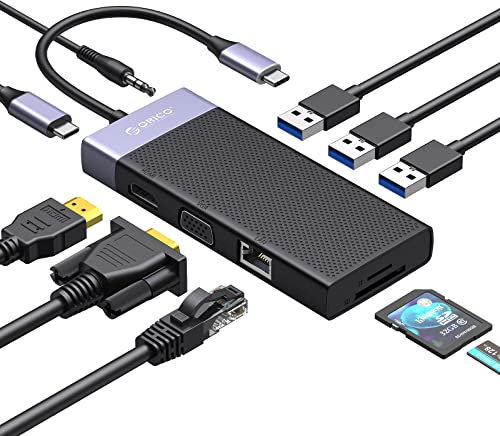 ORICO Hub USB C, 10 en 1 Hub Hdmi, Dock Station Compatible con MacBook y Windows, Adaptador USB con 4K HDMI, VGA, PD 87W, Lector de Tarjetas SD/TF, Ethernet, 1USB 3.0, 2USB 2.0, Audio de 3,5 mm