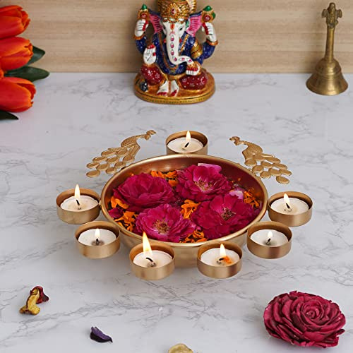 Webelkart Decorative Round Peacock Shape Urli Bowl for Home Beautiful Handcrafted Bowl for Floating Flowers and Tea Light Candles Home ,Office and Table Decor Special for Diwali Gift (9.5 Inches)