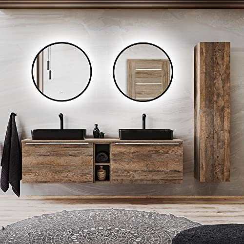 Lomadox Badezimmer Badmöbel Set in Vintage Oak Eiche, 180cm Doppel Waschtisch-Unterschrank mit Regal, 2 Keramik-Waschbecken, 2 LED-Spiegel, Hochschrank