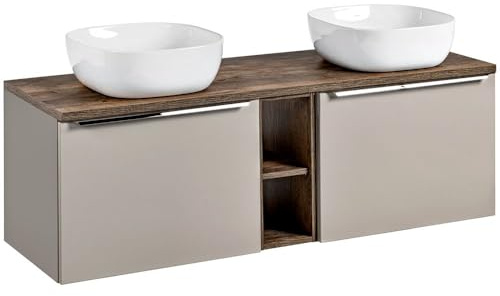 Lomadox Badmöbel Waschtisch-Unterschrank Set 140cm, Taupe mit Vintage Oak Eiche, 2 Keramik-Waschbecken, 2 Softclose-Schubkästen, Regal, B/H/T 140,4/62,5/46 cm