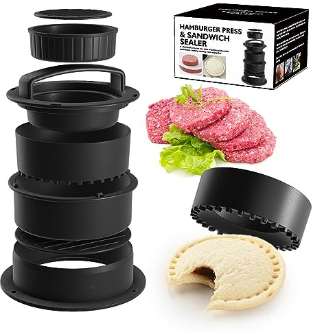 BeBeeDay 4-in-1 Burger Press Patty Maker, Sandwich Cutter and Sealer Set with 100 pcs Wax Paper for Barbecue Cooking