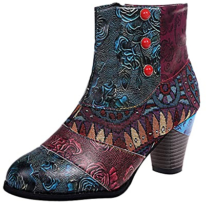 BIISDOST Botines retro para mujer con tacón - Estilo étnico - Botas bajas con tacón de bloque - Botas de invierno - Botas de vaquero - Tacones y tacón grueso - Botas de invierno coloridas, verde, 38