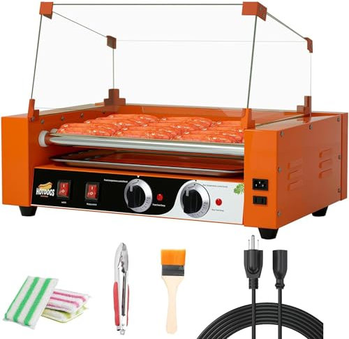 Hot Dog Roller Grill 1000W – Roller Sausage Grill Cooker, Dual Temp Control, Removable Drip Tray & Cover – Perfect Hot Dog Warmer Machine For Commercial Use, 0-250℃