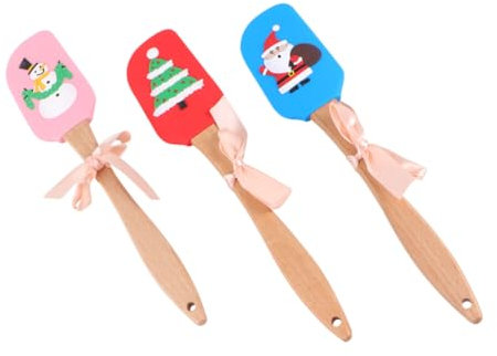 Zerodeko 3pcs Christmas Tree Snowman Santa Claus Design Silicone Spatula Wooden Handle for Cake Scraping and Butter Spreading for Xmas Baking