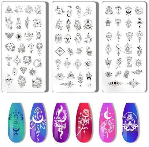 PH PandaHall 3 placa de estampado de uñas con diseño de luna y sol, atrapasueños, plantillas de acero inoxidable