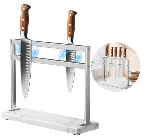 HomeSimplex Magnetic Knife Block Stand - Marble Base Magnetic Knife Holder for Counter Top - Double Sided Knife Block Without Knives - Stainless Steel Magnetic Kitchen Knife Holder - White