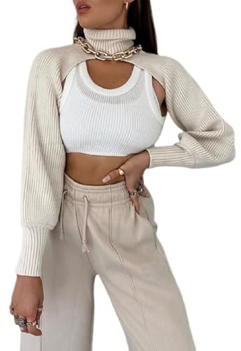 Kukeyiee Damen Langer Puffärmel Pullover Strickpullover Pullover Crop Top Mode Cover Strick Top(#Style 5,One Size)