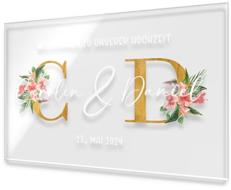 Personalisierte Wandbild Tafel zur Hochzeit mit goldenen Buchstaben - Wandbild mit hübschen Designs passend zum Hochzeitstag - Acrylglas in Hochglanzoptik und farbigem UV-Druck - Größe ca. 60x40 cm