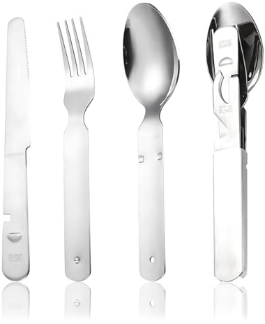 Campingbestick i rostfritt stål 4 delar, klassiskt Bundeswehr ätbestick-set, praktiskt utomhus resebestick, hopfällbar, med kniv, gaffel, sked och konservöppnare