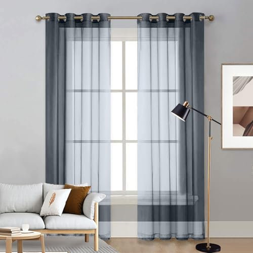 LIUNADM Gardine Halbtransparent mit Ösen 175 x 130 cm Wärmeisolierend, Ösenvorhang Himmelbett Vorhänge Baby Querbehang für Wohnzimmer Landhaus Kleine Fenster, Grau