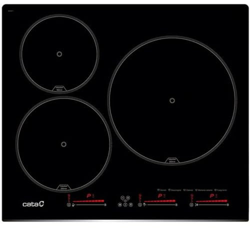 Cata Placa de Inducción INSB 6003 E2 BK 3 Zonas Cocción Ancho 59 cm Control Táctil Deslizante 9 Niveles Potencia Funcion Pausa/Temporizador Detección recipientes Color Negro