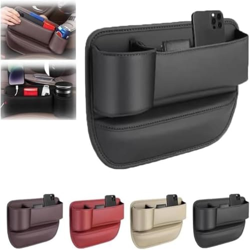 PU Leather Car Seat Gap Filler Organizer with Cup Holder, Storage Box for IPhone Wallet Cards Keys (Black, Main Driver+Copilot)
