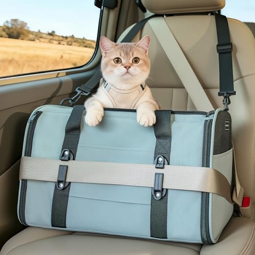 Petsfit Husdjursbärväska, godkänd av flygbolag, mjuk kattväska med patenterat bilspänne, lätt och hopfällbar, med justerbar axelrem, mjuk kudde, grön