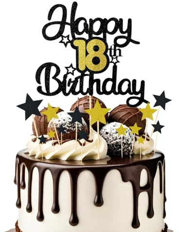 Bliceon Happy 18th Birthday Cake Topper, Black and Gold Glitter 18th Cake Topper with Stars, Personalised Birthday Decorations for Men Women, Anniversary Party, Cupcakes Supplies
