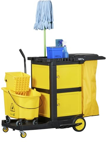Restaurantware-Clean Tek Professional 3-Shelf Janitor Cart with Wheels, 1 Cleaning Trolley with Cover and 21 Gallon Bag - Includes 1 Double Locking Cabinet, Heavy-Duty, Gray Plastic Janitorial Cart