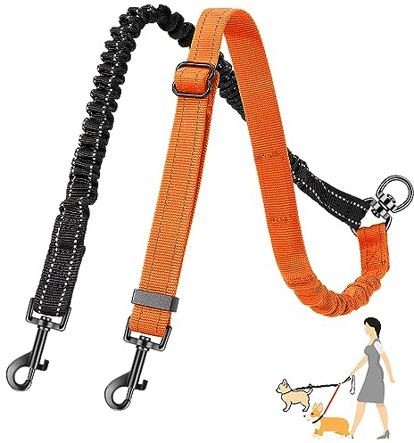 Eyein Doppelte Hundeleine, Verhedderungsfreie 360° drehbare Doppelleinen mit 2 Hunden, Verstellbare reflektierende Splitterleine für kleine Hunde, Orange