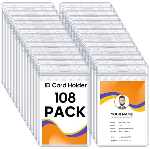 XHDA 108PCS Vertical Plastic Card Holders, Clear Waterproof Id Badge Holder for Lanyard Name Badge and ID Card