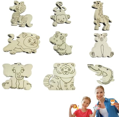 LEIIERUY 54 Stück Tier Holz Bastel Set 9 Verschiedene Tiermotive Holzausschnitte aus Naturholz für Kinder Bastelarbeiten, Malen, Dekoration und kreative DIY Projekte doppelseitig nutzbar, Glatte Obe