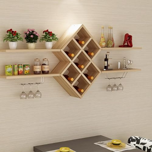 Estante de vino montado en la pared con soporte para vidrio, elegantes estantes de almacenamiento de vino para barras y armarios del hogar, fácil montaje, acabado de nogal claro