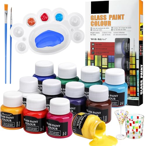 Teokantz Glasmalfarbe, 12 Stück 25ml Glas Bemalen Glasfarbe Spülmaschinenfest mit Hohe Deckkraft für Glasmalerei, Gläser, Weingläser, mit 1 Malpalette & 2 Feine Pinsel
